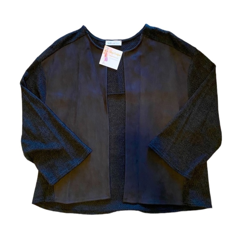 MILLIBON Boxy Faux Suede Open Front Sweater Jacket, Black, US Women Large